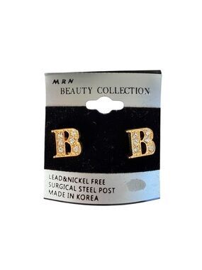 Vintage 90s Initial B Rhinestone Stud Earrings Gold Tone Letter B NWT NOS